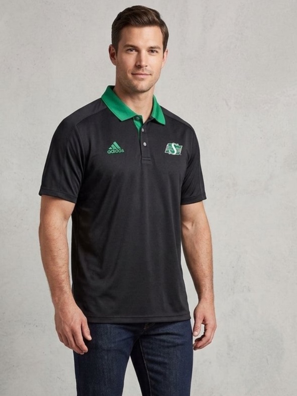 ADIDAS Black Polo
Green Collar and SK Roughriders Logo
XL